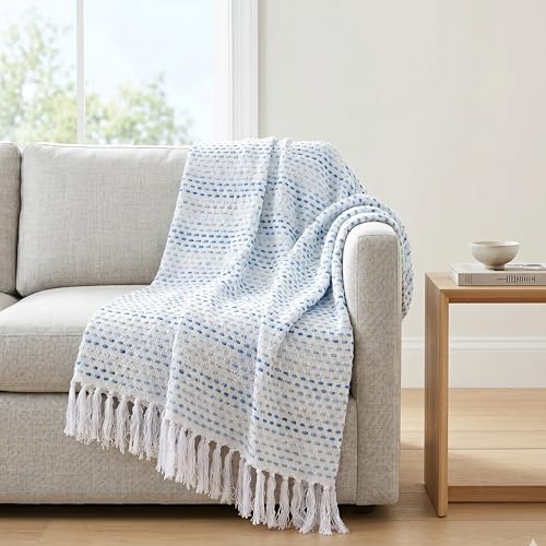 Image of SAJAVAT HOME Hand Knitted Cotton Sofa Throw Blanket |Elegant Neutral All-Season Throw for Sofa,Couch & Bed | Soft Lightweight Knitted Design Belu with Tassels | 80x52 Inches (204x132 cm)