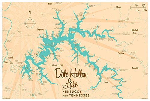 Dale Hollow Lake, Kentucky & Tennessee Retro Map Wall Art Print Poster for Home & Kitchen. Distinctive Home or Office Wall Decoration by Lakebound 12" x 18"