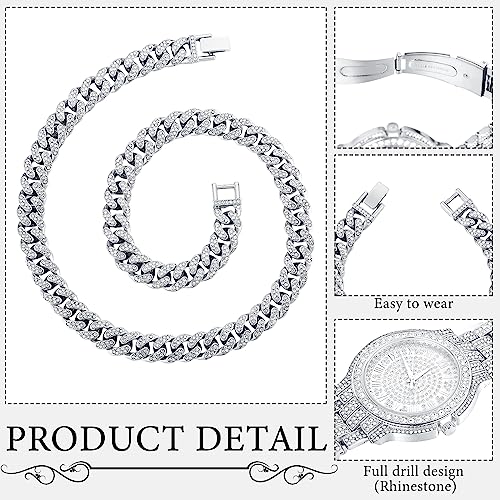 4 Pcs Diamond Watch Cuban Link Chain Men Watch Set Halloween Costumes Bling Rhinestone Necklace Bracelet Jewelry3