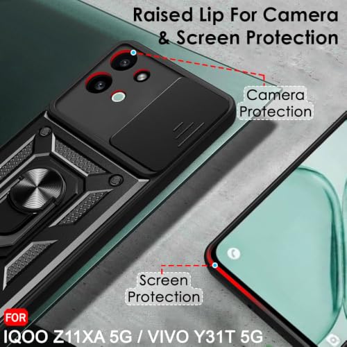 Image of TheGiftKart Tough Armor Bumper Back Cover Case for iQOO Z11xa 5G / Vivo Y31t 5G | Sliding Camera Cover, Kickstand & Ring Holder | 360 Degree Protection Back Cover Case (PC & TPU, Black)