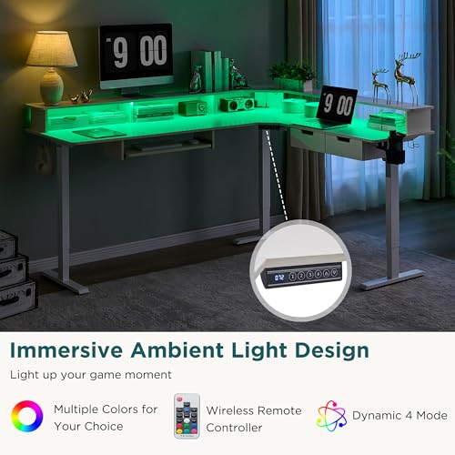 Image of RedLemon 75X60 Inches L Shaped Electric Standing Desk, Height Adjustable Corner Gaming Desk with Drawers, Keyboard Tray, Power Outlets & LED Lights, Computer Desk with Monitor Shelf, Antique White