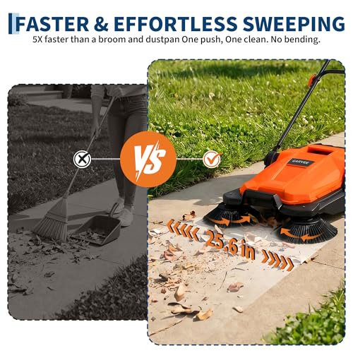 Image of Walk-Behind Floor Sweeper, 25.6 in Sweeping Width, Outdoor Hand Push Sweeper, 5 Gallon Waste Container, Adjustable Folding Handle for Garage Patio Yard Driveway