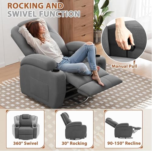 Flamaker Swivel Rocker Recliner Chair with Vibration Massage, 360° Swivel Recliner Chairs for Adults Ergonomic Lounge Chair with Cup Holders Lazy Boy Recliner Single Sofa Seat (Fabric, Gray) - Thumbnail 3