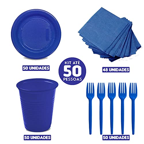 kit descartável festa com pratinho copo garfo e guardanapo para até 50 pessoas (Azul)