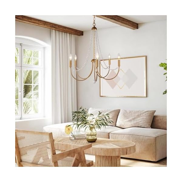 KSANA Antique Brushed Gold Chandeliers, Modern 5-Light Dining Room Chandelier Light Fixture with Wood Beads for Kitchen Island, Bedroom and Living Room - Image 5