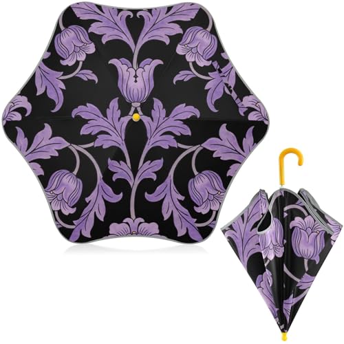 Paraguas infantil antiviento con flores moradas vintage y tira reflectante contra la lluvia