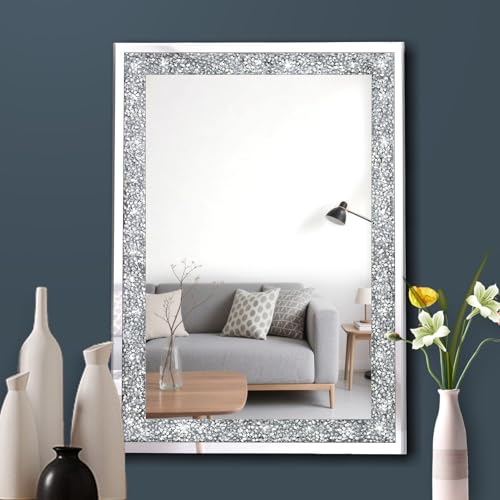 SXFSDOU Heart Wall Mirrors, 50x50cm Silver Bling Frameless Decor, Crush Diamond Decorative Mirrors for Hallway, Bathroom, Bedroom, Living Room
