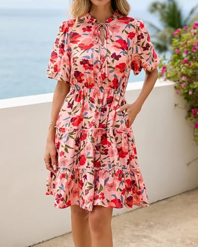 Image of BTFBM Women Summer Floral Short Dresses V Neck Short Sleeve Tiered Ruffle Boho Swing Dress A-Line Mini Dresses
