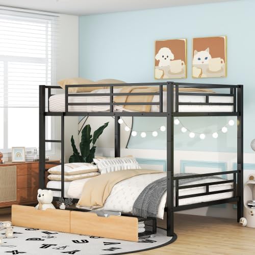 Bellemave Full Size Metal Bunk Bed with 2 Drawers, Can be Convertible to 2 Beds for Kids Teens, Black