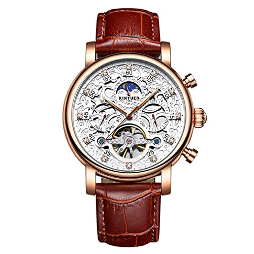Relojes Mecanicos Pulsera De Piel para Hombres De Lujo Relojes Analógico Calendario De Fase Lunar Impermeable Luminoso Reloj para Hombre Regalos,Brown1