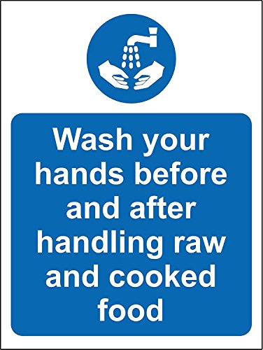 KPCM Display Affiche dhygiène alimentaire autocollante « Wash your hands before and after handling raw and cooked food » (français non garanti), 200 mm x 150 mm