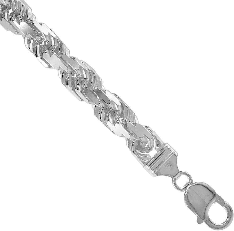 9mm Sterling Silver Diamond-Cut Rope Chain Necklaces and Bracelets for Men Handmade Nickel Free Italy 8-30 inch