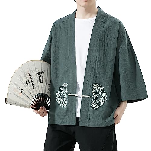 Image of Mens Kimono Cardigan Cotton Linen Japanese Shirt 3 /4 Sleeve Haori Yukata | Skin-Friendly Solid Color Lightweight Shawl Collar Kimono Robe Embroidery Button Tie Pockets Happi Coat All Season Daily Wear