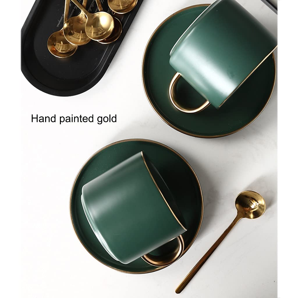 Juego de Tazas de té Juego de Tazas de té con cucharillas de cerámica y platillos Juego de té de la Tarde de Lujo Europeo para el hogar(Green-4 pcs)