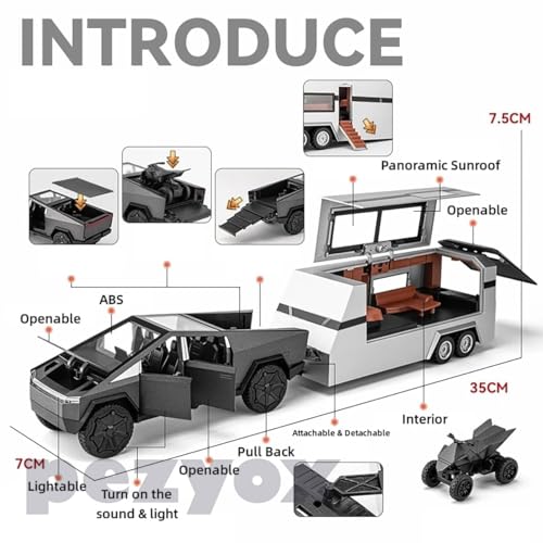 Image of 1:32 Scale Die-Cast CyberrTruck Pick-Up Trailer with 6 Openable Doors Pull Back Action,Lights & Music (Diamond Black)