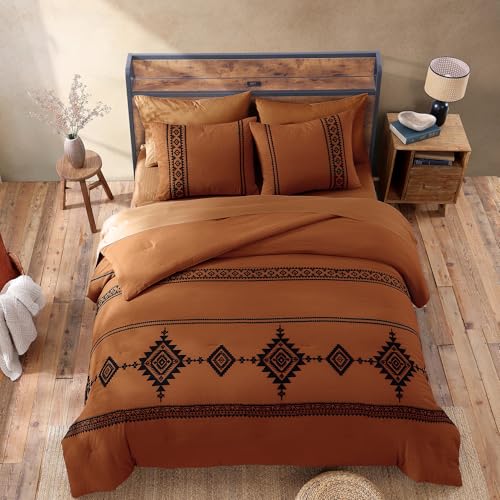 MaiRêve Burnt Orange Embroidery Comforter Set King Size - 7 Pieces, Farmhouse Western Bedding Sets All Season, Boho Bed in A Bag King with Sheets, Comforters, Pillowcases & Shams - Image 6