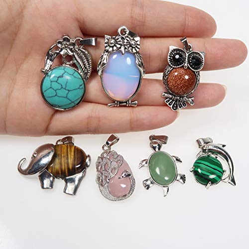 Toaob 7Pcs Assorted Antique Silver Mixed Style Charms Gemstone Pendants Turtle Owl Peacock Animals Shape Healing Chakra Beads Crystal Stone Charm Pendants For Diy Necklaces Jewelry Making #TOP2
