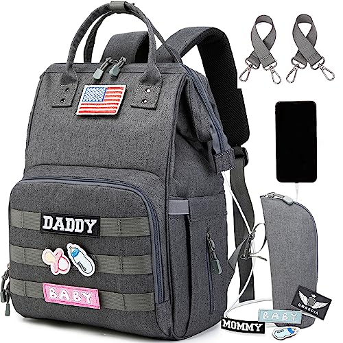 Image of QWREOIA Diaper Bag Backpack for Dad and Mom with USB Charging Port Stroller Straps and Insulated Pocket,army military Travel Nappy Backpack (Dark Grey)