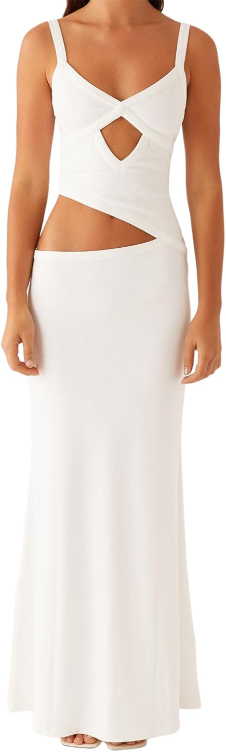 Women Slip Cut Out Dress Spaghetti Strap Sleeveless Backless Bodycon Long Dresses for Party Club