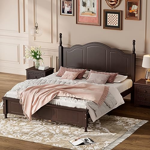 Merax Modern Farmhouse Solid Wood Platform Bed with Headboard Queen