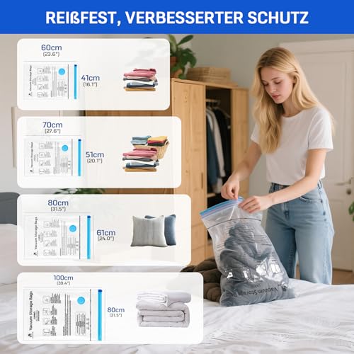 Captainfive Vakuumbeutel für Kleidung Bettdecken, Vakuumierbeutel 12 Stück - 3 Größen (4*100x80cm + 4*80x61cm + 4*60x41cm) Vakuum Kleiderbeutel Aufbewahrungsbeutel für Reise und Alltag mit 1Handpumpe