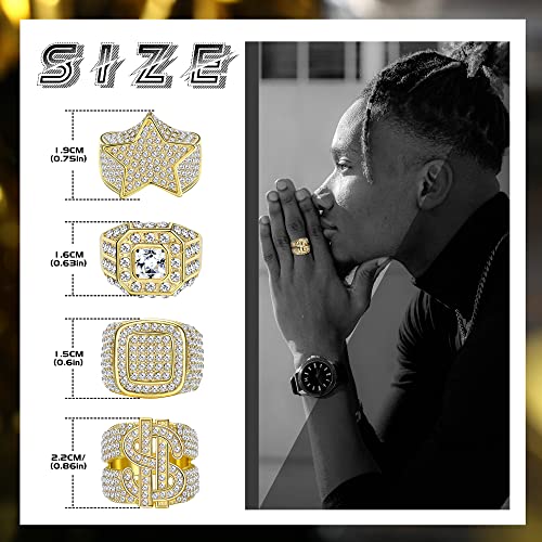 Fasacco 5Pcs 18K Gold Plated Bling Pinky Ring Simulated Diamond Iced Out Ring Cz Punky Rappers Ring Star Dollar Sign Hip Hop Ring For Men Size 8 #TOP1
