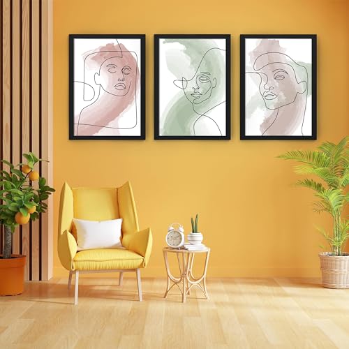 Image of Ritwika's Collection Of 3 Abstract Artwork Of Outline Portrait Of Women Face Painting With Frame | Perfect For Home and Office Decor | With Glass, Size 13.5 x 19.5 Inch (Each), Set Of 3