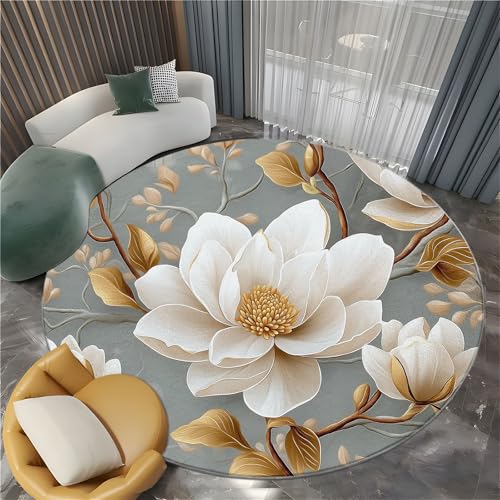 Tapete redondo lavable de 5 pies con flores magnolia miniatura 2