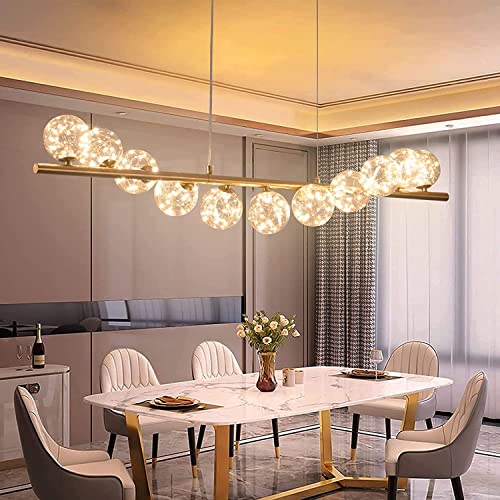Modern Long Strip Dining Table LED Glass Globe Pendant Light, 11-Light Hanging Adjustable Bubble Chandelier, Dining Room Light Fixture, for Kitchen Island