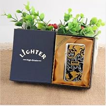 ZC5 Tang Grass Carved Design Ultra-Slim 2nd Generation Brass Kerosene Lighter Windproof Flint Wheel Ignition Retro Collectible Gift for Men, Dad, Husband Gift Black Gold-Gift Box