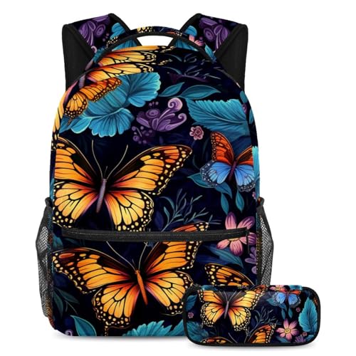 Sac à dos Boho Flower Butterfly avec trousse grand format scolaire pour étudiants