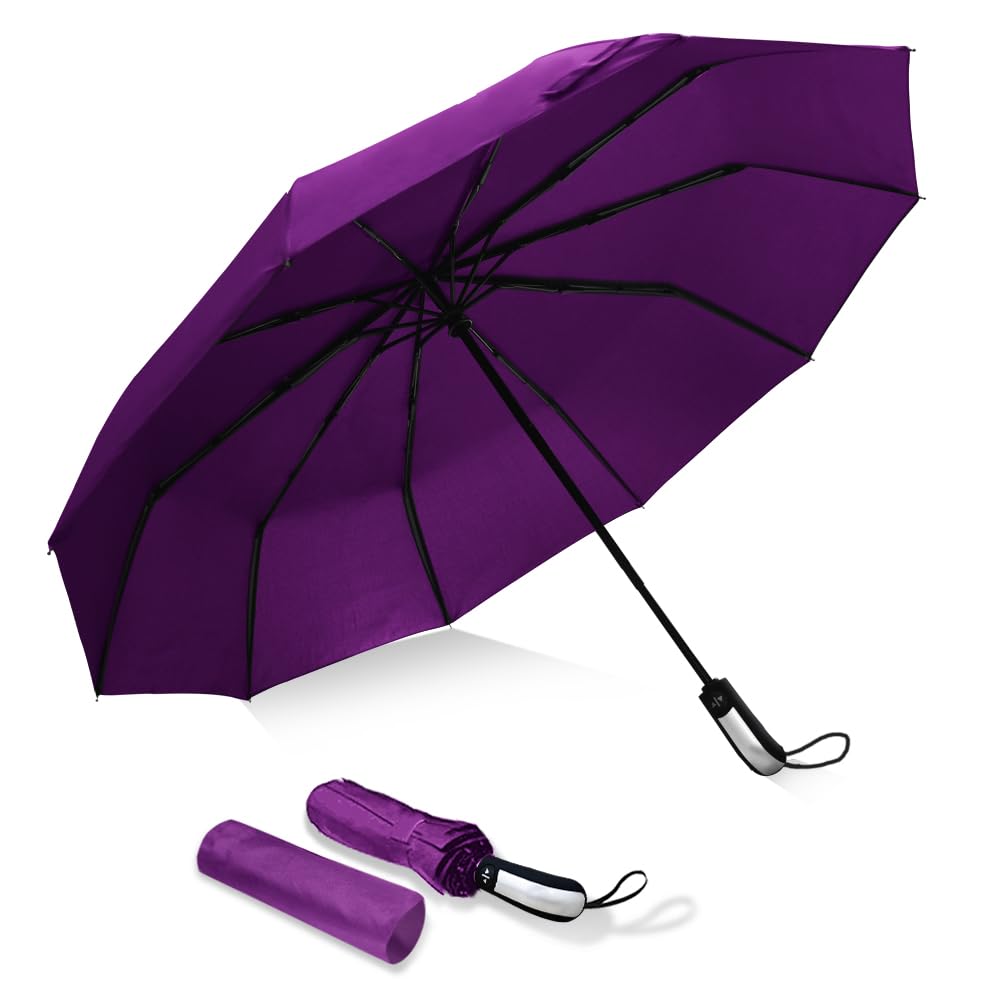Vedouci USA Folding Umbrella 10 Ribs Compact Travel Umbrella with Teflon Coating, Automatic Umbrellas Anti UV Coating Folding Umbrellas, Purple