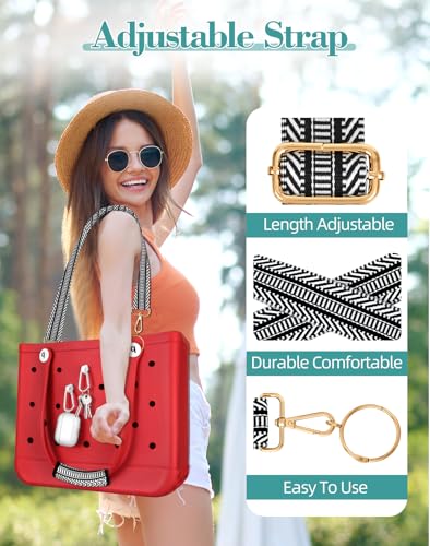 Image of Bag Strap Charms Crossbody for Bogg Bag Accessories - Stripe Shoulder Strap Neoprene Luggage Handle Wrap for Suitcase & 2 Key Holders Black