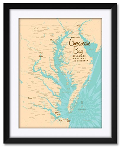 Chesapeake Bay Md Virginia Map Professionally Framed & Matted Art Print From Illustration By Lakebound Framed Art Size: 24" X 30" #TOP10