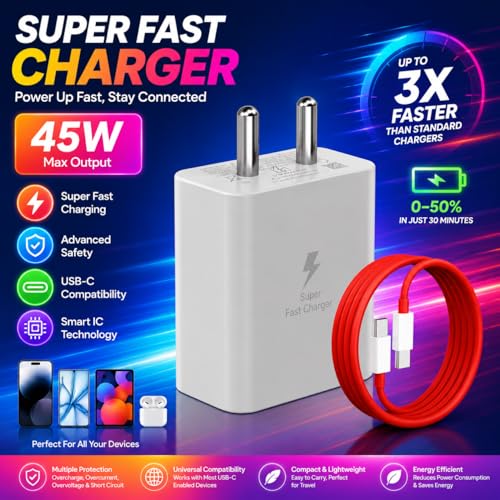 Image of 45W USB-C Fast Charger | Super Fast Charging 2.0 PD 3.0 Type-C Wall Adapter (with Cable) | Compatible with Samsung Galaxy S25 /S24 /S23, M55 /M54, A Series, Tab S Series | Compact Travel Charger - White