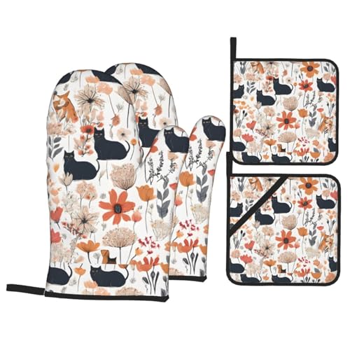 BNCPWDYL Funny Cats Birds and Flowers Kitchen Oven Gloves and Hotpads Sets of 4, Heat Resistant Oven Mitts and Pot Holders for Baking/Cooking/BBQ