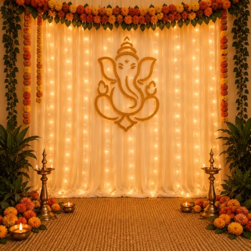 Image of Shimmers Decoration Kit 6 Pcs - White Net Curtains, Fairy String, Ribbon & Hooks, Backdrop Setup for Birthday, Wedding, Baby Shower & Home Decor
