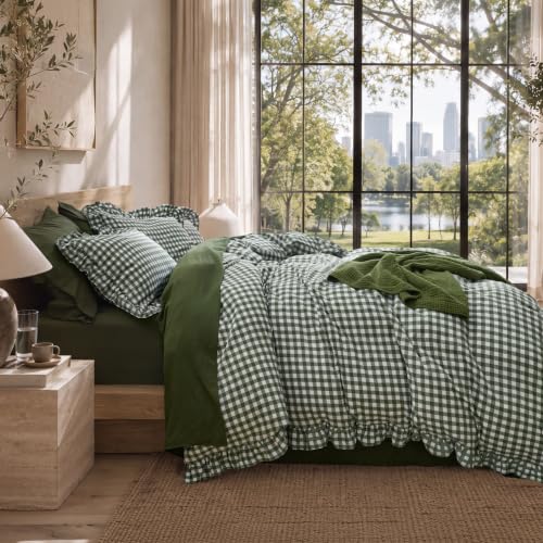 Image of Bedsure Gingham Ruffle Duvet Cover Set, Queen, Cotton-Like Bed, Olive Green
