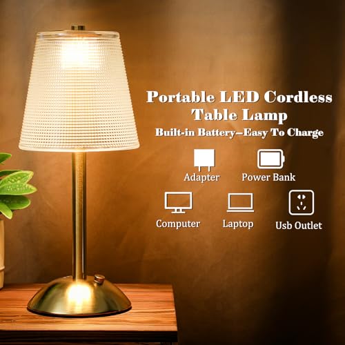 Image of Liliful 2 Pcs Cordless Table Lamp Rechargeable Touch LED Small Gold Portable Battery Operated USB-c Desk Lamp 3 Color Dimmable for Bedroom Living Room Dining (Gold,Retro Style)