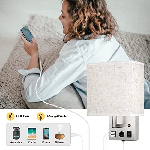 Caduke Bedside Wall Lamp Set Of 2, Plug In Wall Light With Usb Charging Ports And Ac Outlet Socket, Brushed Nickel Modern Wall Sconces With Plug In Cord For Bedroom Living Room, E26 Led Bulb Included #TOP5