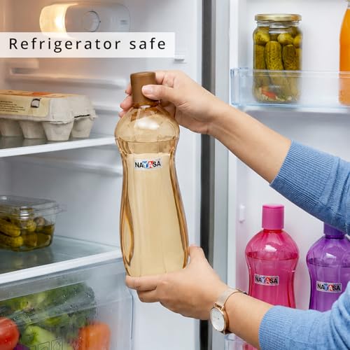 Image of Nayasa Loopy 1000 ML Pet Plastic Fridge Water Bottles Set of 6 | BPA Free | Leak Proof | Airtight Lid | Brown