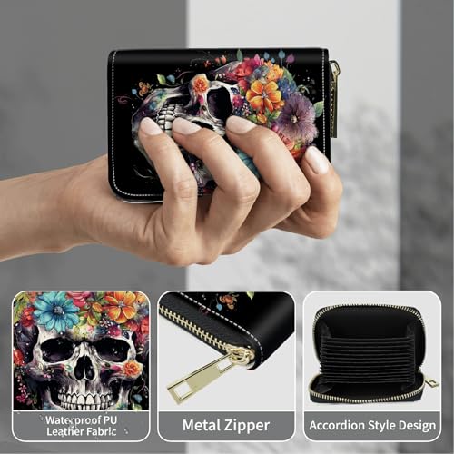 Image of Cute Credit Card Holder with Zipper, Sugar Skull Flowers RFID-Blocking Card Case Small Wallet for Women Men, Multi-slot Card Organizer Case Travel Accordion Wallet