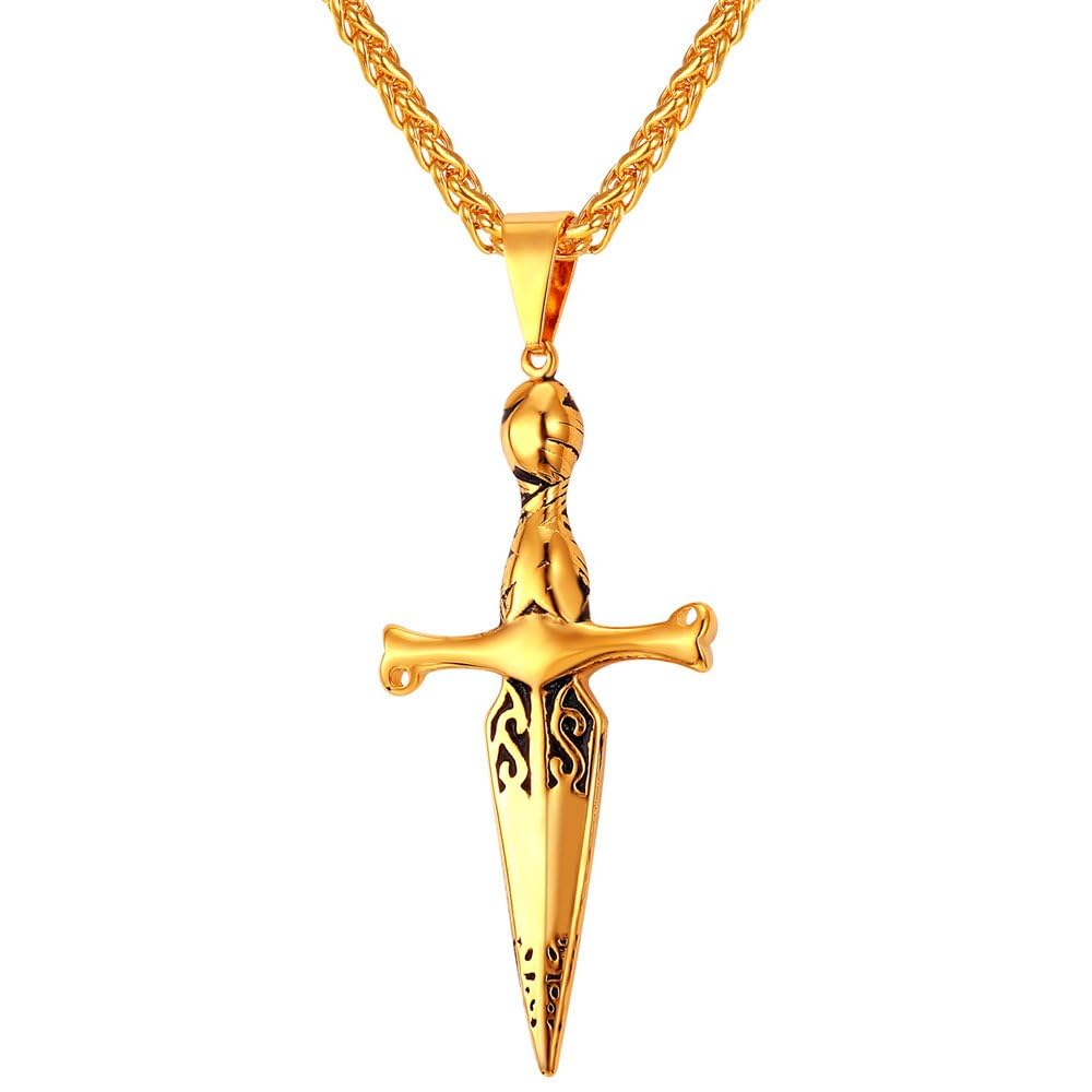 U7Punk Necklaces Stainless Steel 18K Gold Plated Large Hip Hop Dagger/Knife/Sword/Steampunk Gear/Large Razor Blade Pendant Necklace for Men Women, Chain 22-24 InchesRecycled Claim Standard Blended