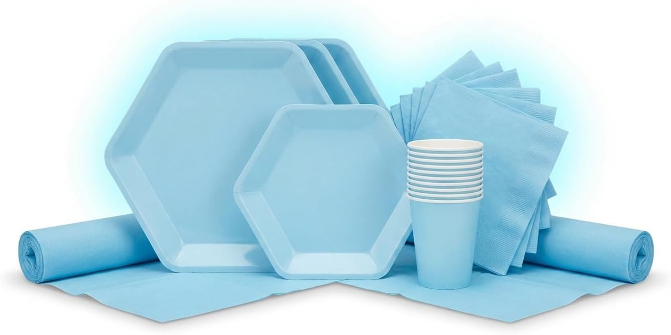 Serves 25 Light Blue Party Pack – Hexagon Dinner & Dessert Plates, 9 oz Cups, 3-Ply Napkins & 2 Table Covers – Disposable Tableware for Baby Showers, Birthdays, Office Parties & Festivals