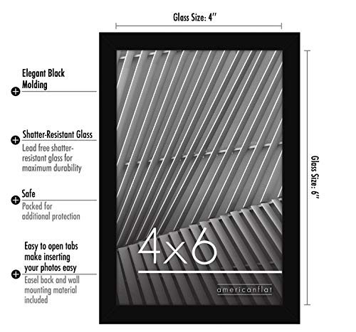 Image of Americanflat 4x6 Picture Frame with Shatter-Resistant Glass - Streamline Collection - Thin Border Photo Frame for Tabletop and Wall Display - Hanging Hardware and Easel Stand Included - Black
