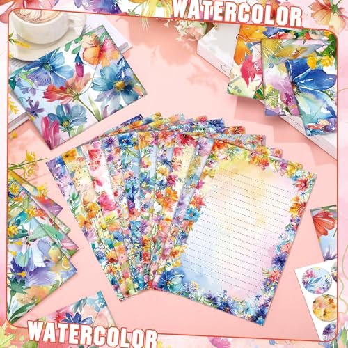 Image of TaoBary 160 Pcs Stationery Paper Set 50 Double Sided Stationery Papers with 50 Matching Envelopes and 60 Round Dot Sticker, 10 Design(Bright Floral,5.5 x 8.25 Inch)