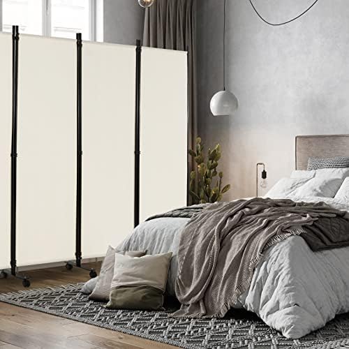CASART Folding Room Dividers, 6 Panels Movable Protective Privacy Screens with Lockable Wheels, Steel Frame Portable Fabric Screen Room Partition for Home Office (White)