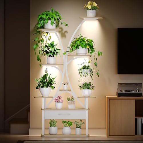 Hzuaneri Pflanzenständer mit Wachstumslicht 9-Ebenen Blumenständer mit 4 R-G LED-Leuchten Farbe und Timing Einstellbar 164 cm Ideal für Wohnzimmer Balkon Garten Weiß PS16016WEU