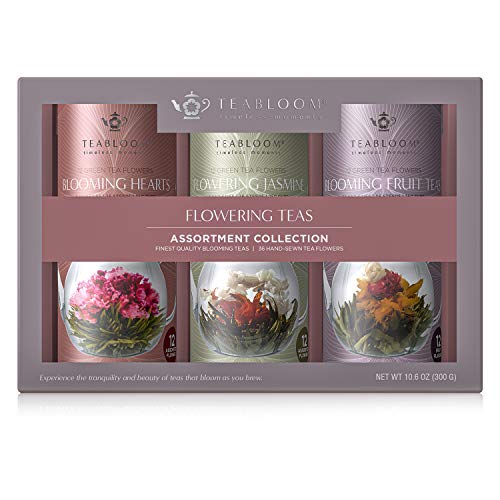 Image of Teabloom Flowering Teas Gift Set Collection - 36 Assorted Blooming Teas in a Variety of Flavors and Flowers - Gift Box includes 3 Unique and Beautiful Flowering Tea Canisters - Makes 750 Cups of Tea