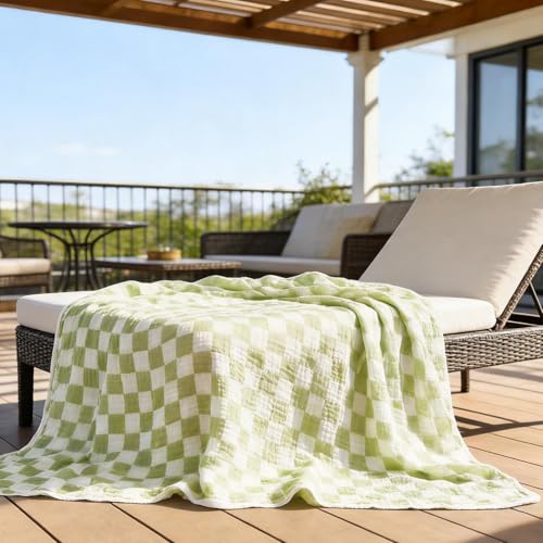 Image of 100% Cotton Muslin Blankets for Adults Queen Size 6-Layer Gauze Green Grid Cooling Blanket Lightweight Soft Breathable Decor Blanket for Sofa Couch Bed Coverlet Both Sides